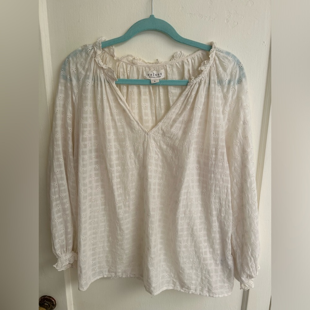 Velvet by Graham & Spencer Eyelet Boho Top Women's XL Cream Long Sleeve